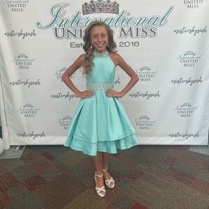 Size 8 Tiffany Blue satin dress.
